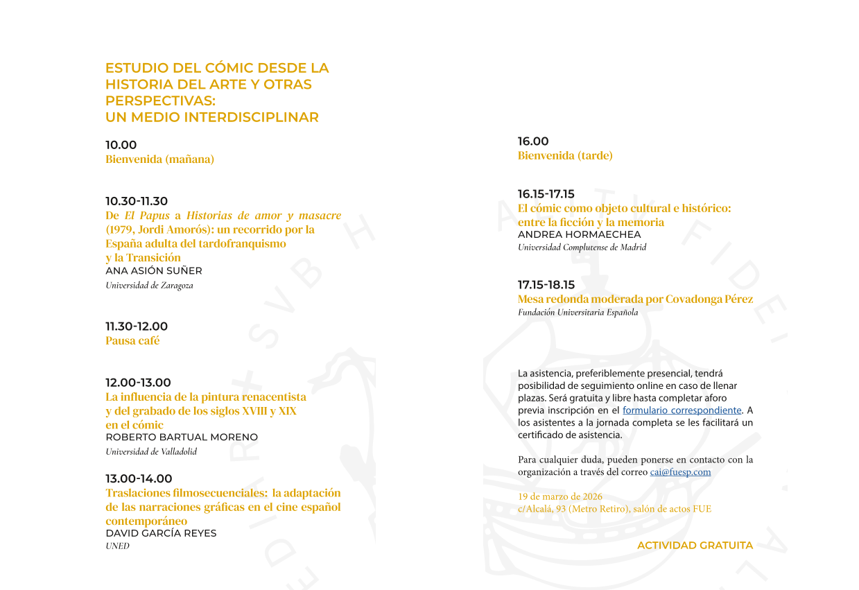 Programa de la jornada Estudio del cómic desde la historia del arte y otras perspectivas: un medio interdisciplinar 19 de marzo de 2026